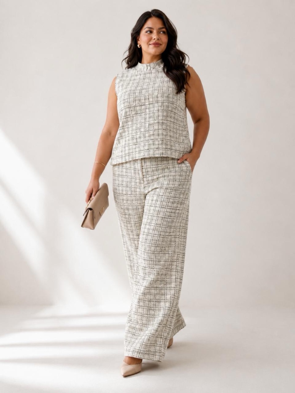 BURU Women 2 Piece Set Sleeveless Top Wide Leg Pants Plaid Cream Size XXL NWT